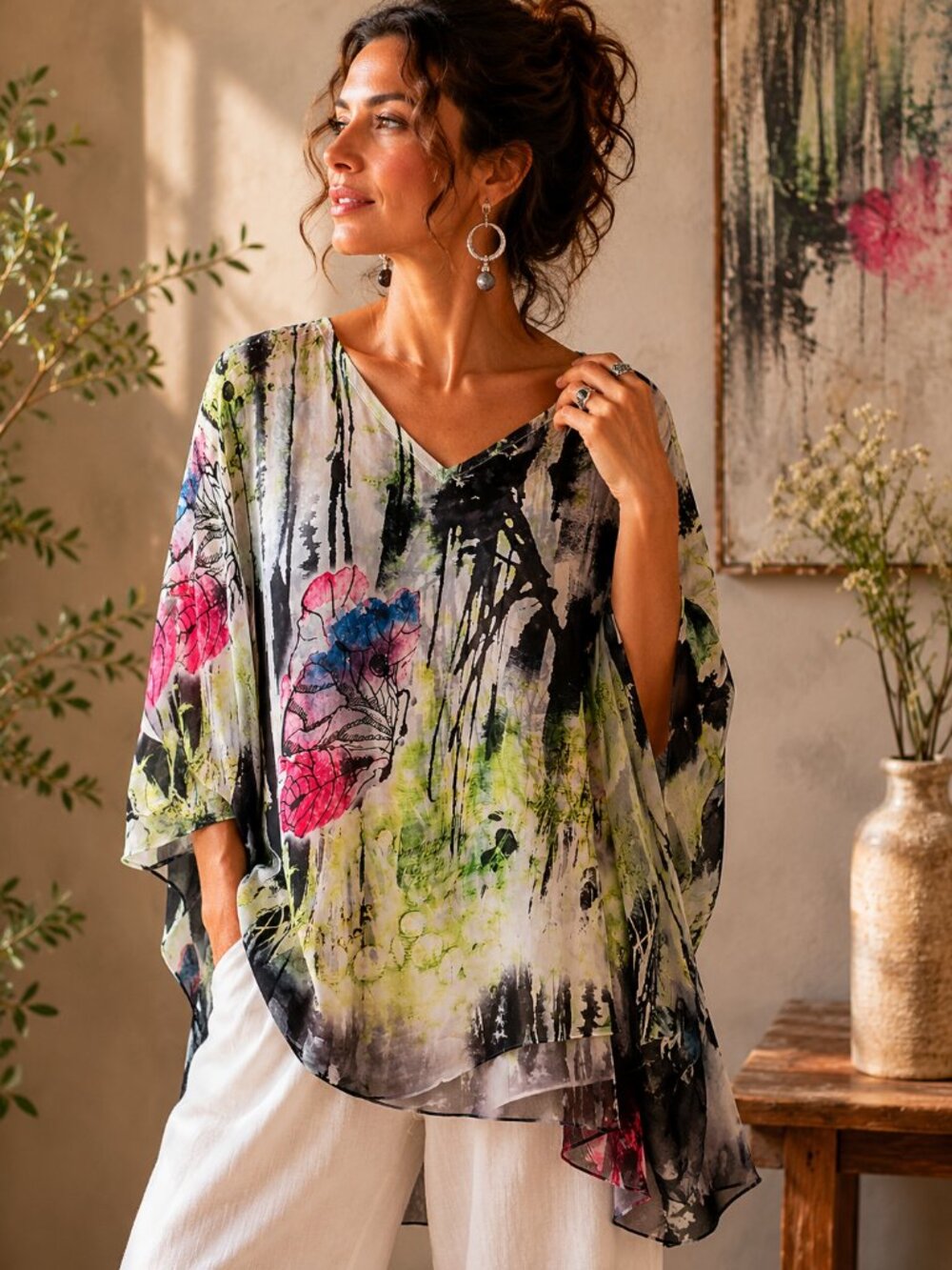 Jess & Jane Tunic Top Abstract Art Made in USA Colorful Size L Sheer Hem Boho